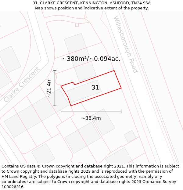 31, CLARKE CRESCENT, KENNINGTON, ASHFORD, TN24 9SA: Plot and title map