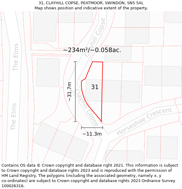31, CLAYHILL COPSE, PEATMOOR, SWINDON, SN5 5AL: Plot and title map