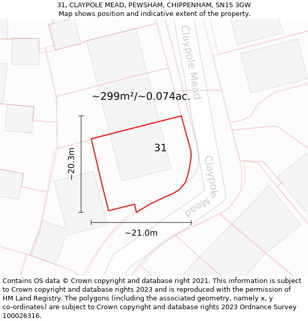 31, CLAYPOLE MEAD, PEWSHAM, CHIPPENHAM, SN15 3GW: Plot and title map