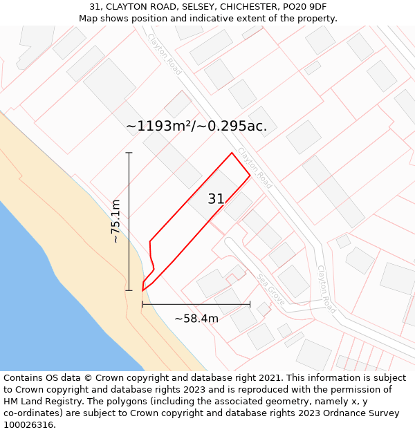 31, CLAYTON ROAD, SELSEY, CHICHESTER, PO20 9DF: Plot and title map