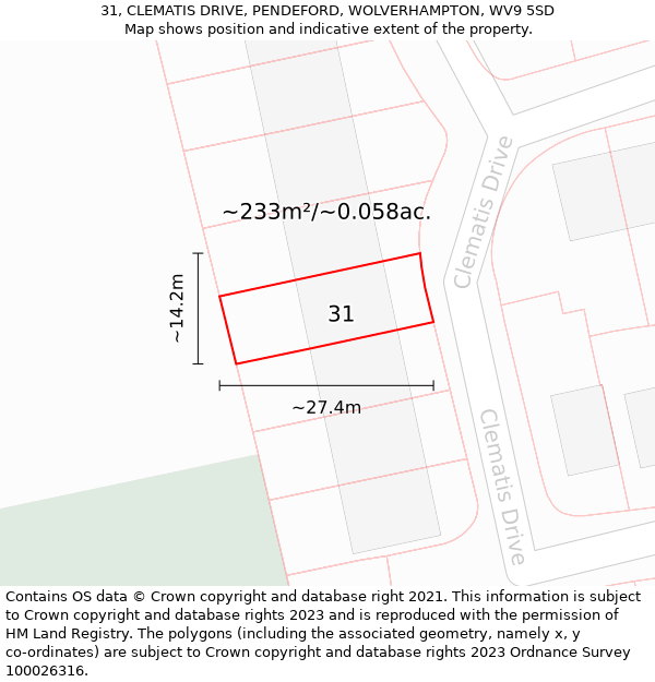 31, CLEMATIS DRIVE, PENDEFORD, WOLVERHAMPTON, WV9 5SD: Plot and title map