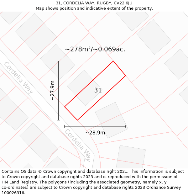 31, CORDELIA WAY, RUGBY, CV22 6JU: Plot and title map