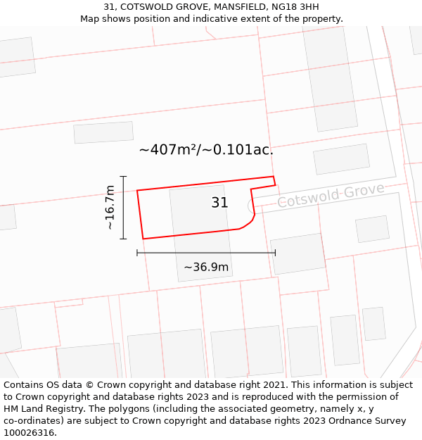 31, COTSWOLD GROVE, MANSFIELD, NG18 3HH: Plot and title map