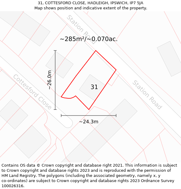 31, COTTESFORD CLOSE, HADLEIGH, IPSWICH, IP7 5JA: Plot and title map