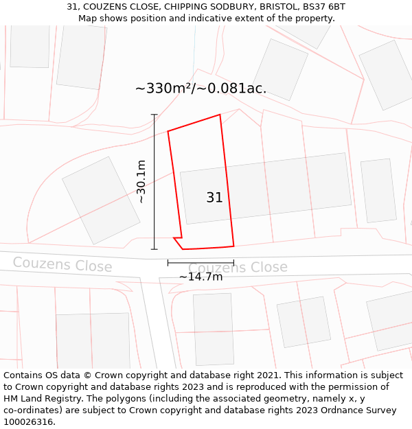 31, COUZENS CLOSE, CHIPPING SODBURY, BRISTOL, BS37 6BT: Plot and title map