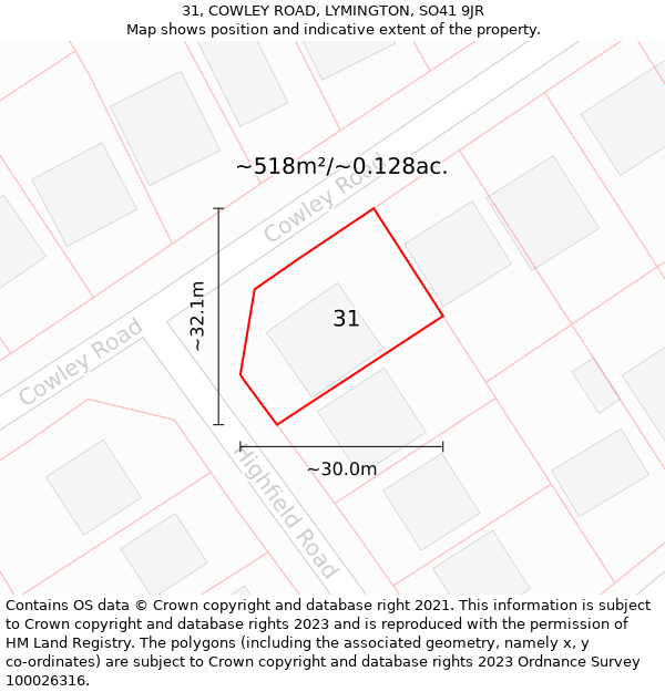 31, COWLEY ROAD, LYMINGTON, SO41 9JR: Plot and title map