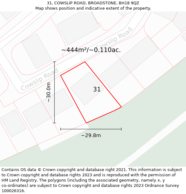 31, COWSLIP ROAD, BROADSTONE, BH18 9QZ: Plot and title map
