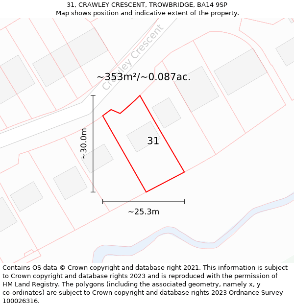 31, CRAWLEY CRESCENT, TROWBRIDGE, BA14 9SP: Plot and title map