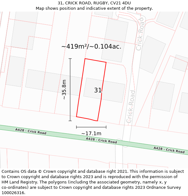 31, CRICK ROAD, RUGBY, CV21 4DU: Plot and title map