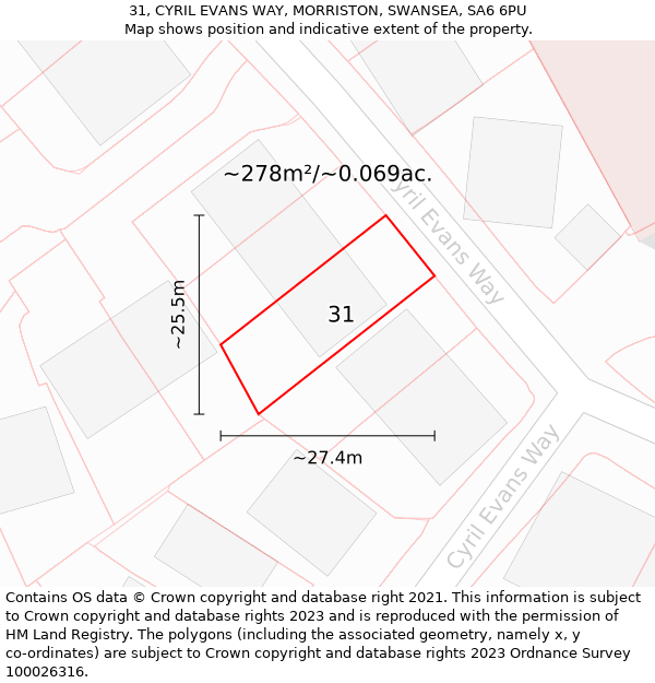 31, CYRIL EVANS WAY, MORRISTON, SWANSEA, SA6 6PU: Plot and title map