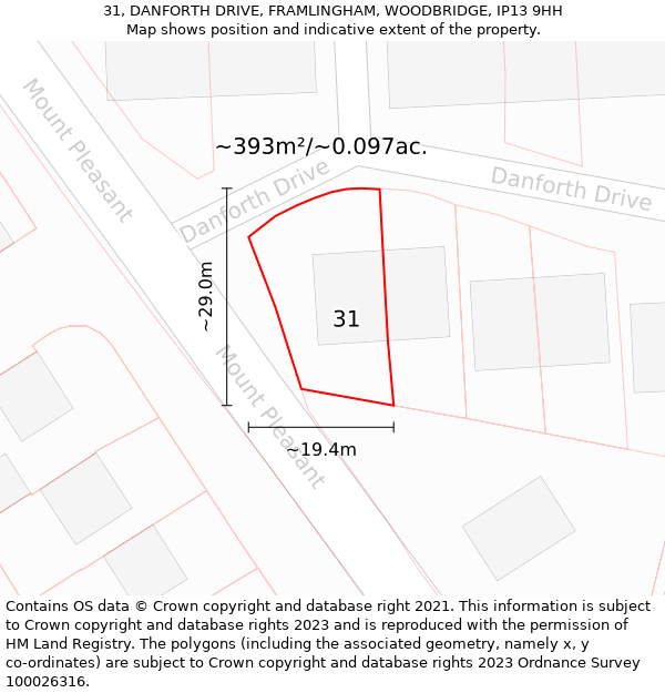 31, DANFORTH DRIVE, FRAMLINGHAM, WOODBRIDGE, IP13 9HH: Plot and title map