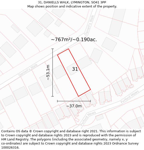 31, DANIELLS WALK, LYMINGTON, SO41 3PP: Plot and title map