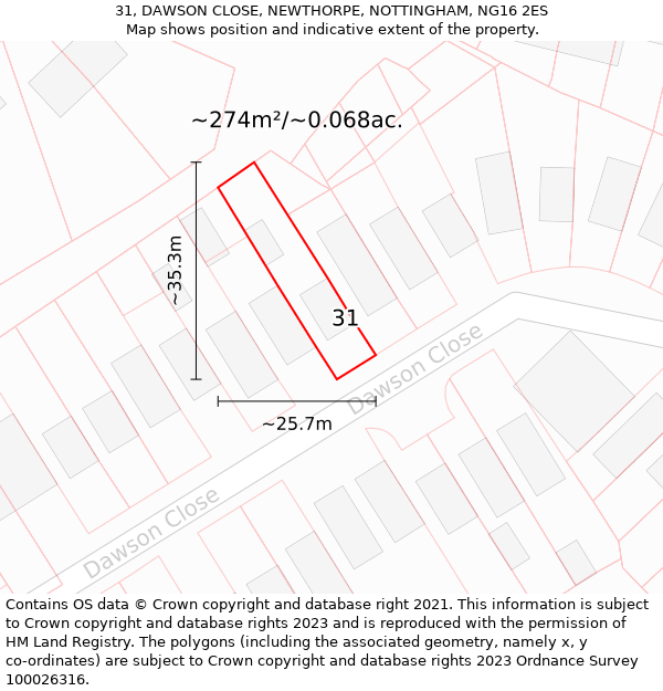 31, DAWSON CLOSE, NEWTHORPE, NOTTINGHAM, NG16 2ES: Plot and title map