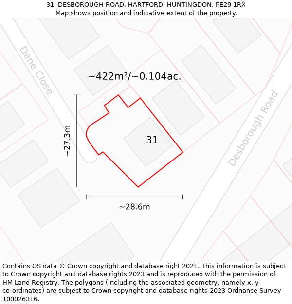 31, DESBOROUGH ROAD, HARTFORD, HUNTINGDON, PE29 1RX: Plot and title map