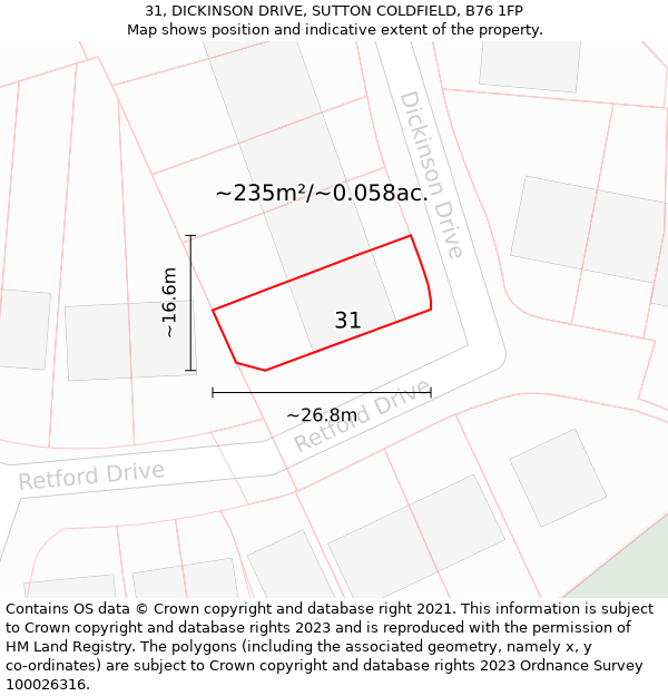 31, DICKINSON DRIVE, SUTTON COLDFIELD, B76 1FP: Plot and title map