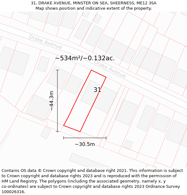 31, DRAKE AVENUE, MINSTER ON SEA, SHEERNESS, ME12 3SA: Plot and title map