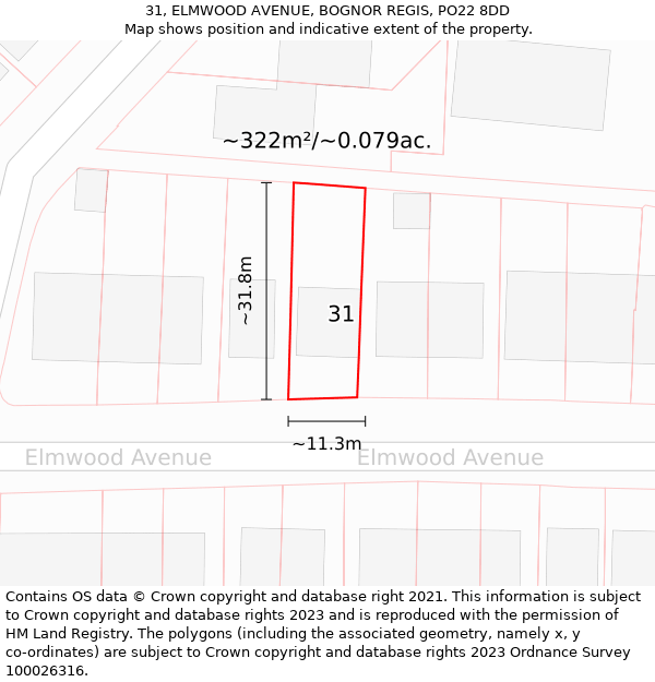 31, ELMWOOD AVENUE, BOGNOR REGIS, PO22 8DD: Plot and title map