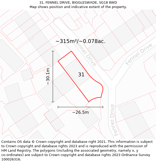 31, FENNEL DRIVE, BIGGLESWADE, SG18 8WD: Plot and title map