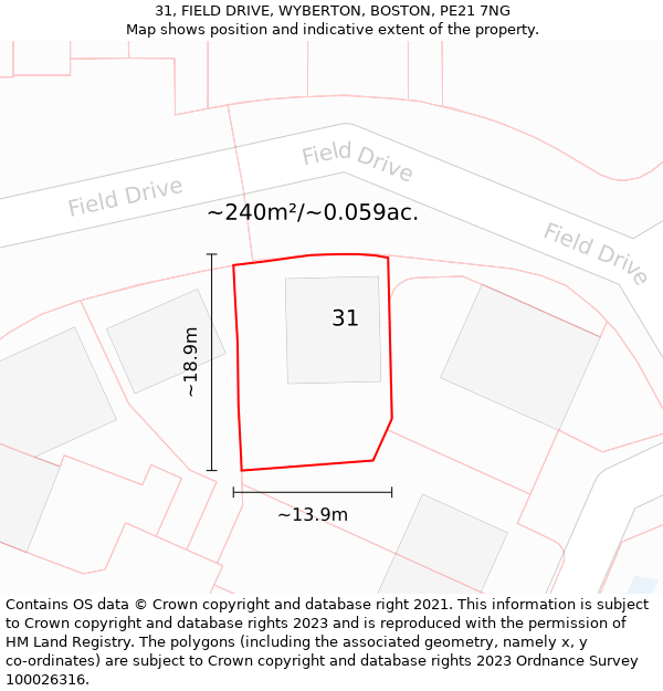 31, FIELD DRIVE, WYBERTON, BOSTON, PE21 7NG: Plot and title map