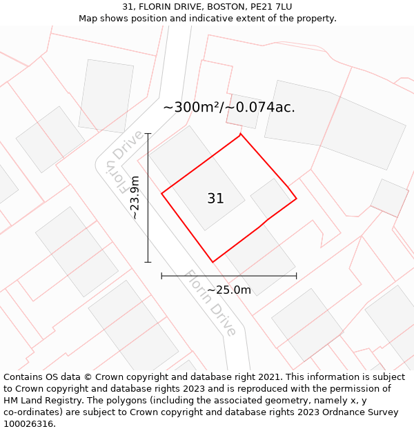 31, FLORIN DRIVE, BOSTON, PE21 7LU: Plot and title map