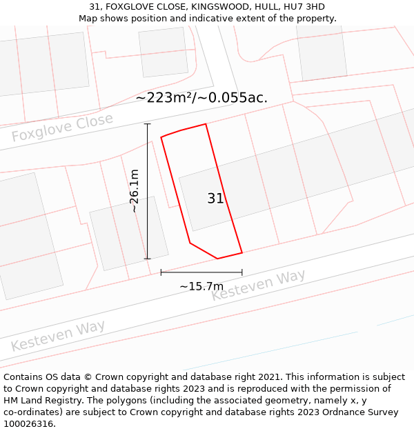31, FOXGLOVE CLOSE, KINGSWOOD, HULL, HU7 3HD: Plot and title map