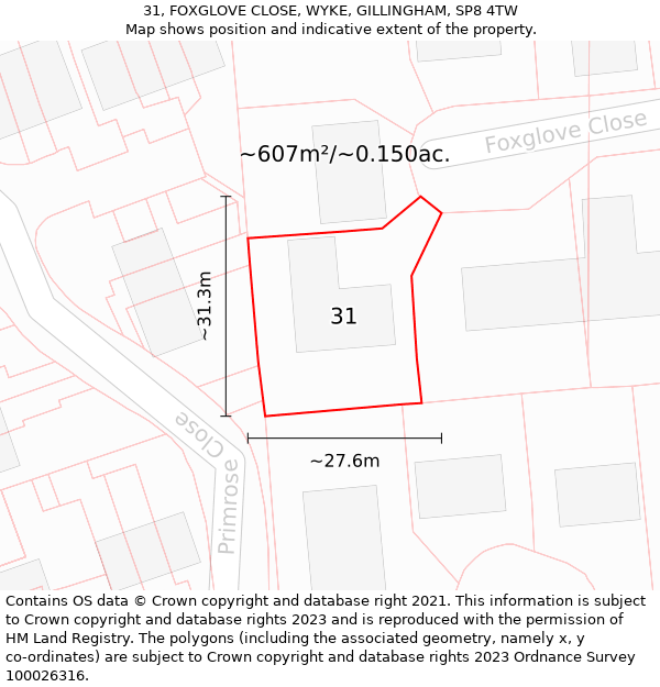 31, FOXGLOVE CLOSE, WYKE, GILLINGHAM, SP8 4TW: Plot and title map