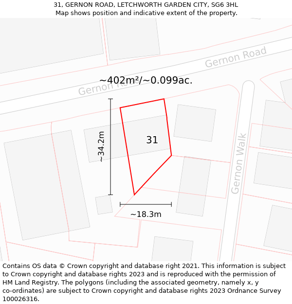 31, GERNON ROAD, LETCHWORTH GARDEN CITY, SG6 3HL: Plot and title map