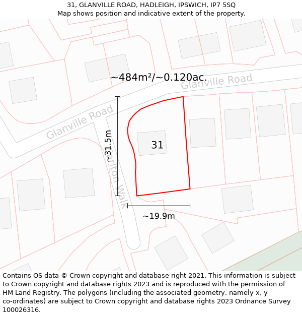 31, GLANVILLE ROAD, HADLEIGH, IPSWICH, IP7 5SQ: Plot and title map
