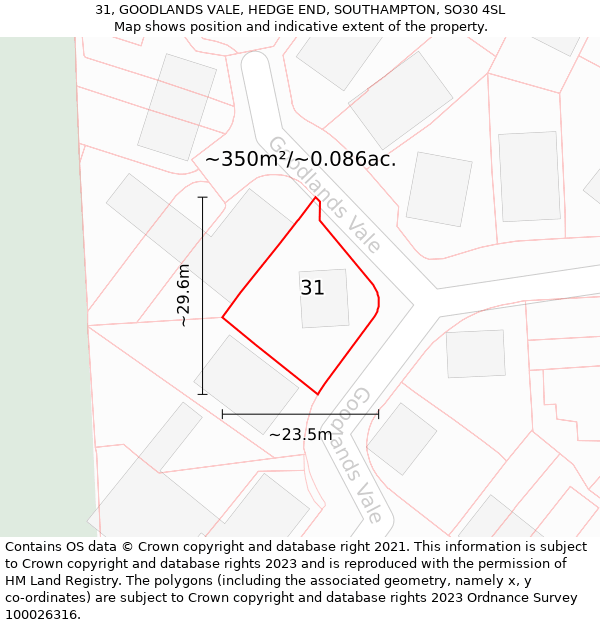 31, GOODLANDS VALE, HEDGE END, SOUTHAMPTON, SO30 4SL: Plot and title map