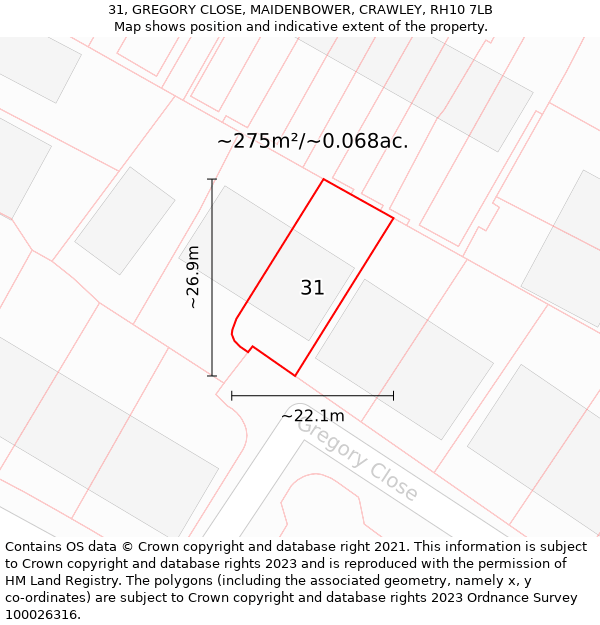 31, GREGORY CLOSE, MAIDENBOWER, CRAWLEY, RH10 7LB: Plot and title map