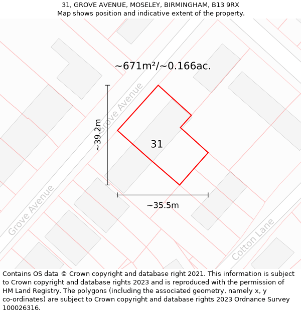 31, GROVE AVENUE, MOSELEY, BIRMINGHAM, B13 9RX: Plot and title map