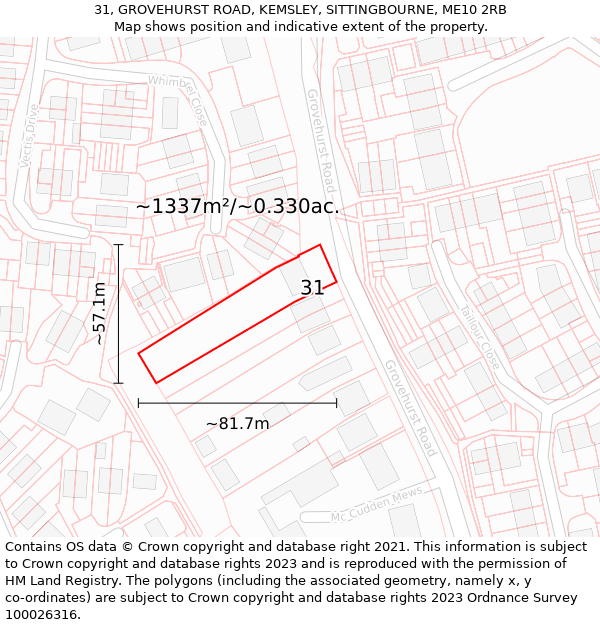 31, GROVEHURST ROAD, KEMSLEY, SITTINGBOURNE, ME10 2RB: Plot and title map