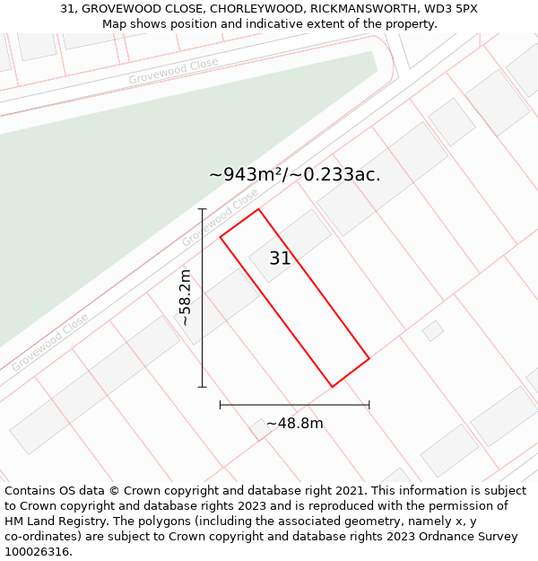 31, GROVEWOOD CLOSE, CHORLEYWOOD, RICKMANSWORTH, WD3 5PX: Plot and title map