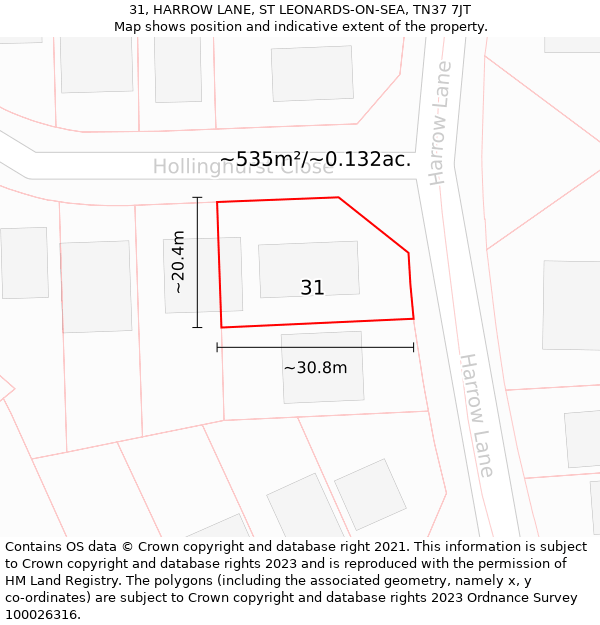 31, HARROW LANE, ST LEONARDS-ON-SEA, TN37 7JT: Plot and title map