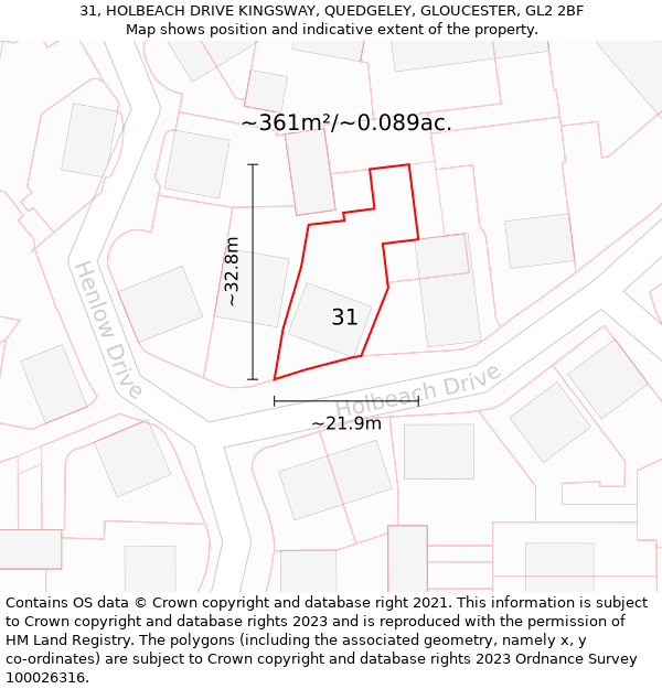 31, HOLBEACH DRIVE KINGSWAY, QUEDGELEY, GLOUCESTER, GL2 2BF: Plot and title map