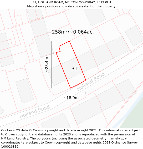 31, HOLLAND ROAD, MELTON MOWBRAY, LE13 0LU: Plot and title map