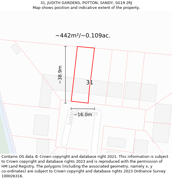 31, JUDITH GARDENS, POTTON, SANDY, SG19 2RJ: Plot and title map