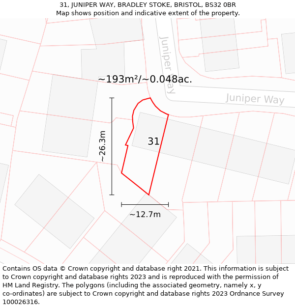 31, JUNIPER WAY, BRADLEY STOKE, BRISTOL, BS32 0BR: Plot and title map