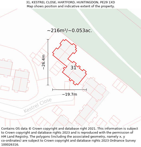 31, KESTREL CLOSE, HARTFORD, HUNTINGDON, PE29 1XD: Plot and title map