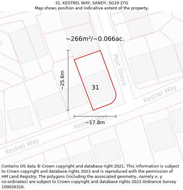 31, KESTREL WAY, SANDY, SG19 2TG: Plot and title map