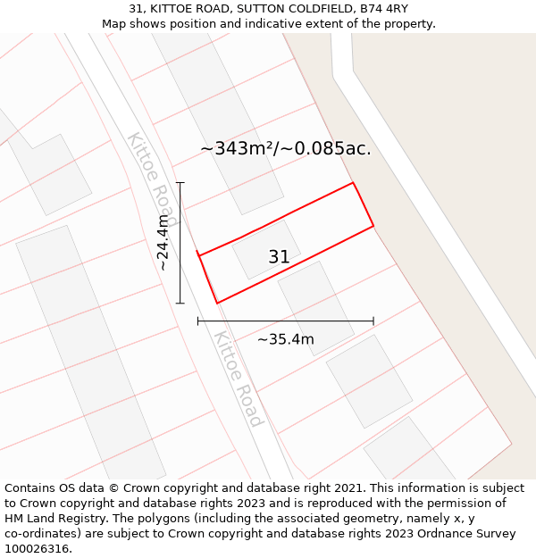 31, KITTOE ROAD, SUTTON COLDFIELD, B74 4RY: Plot and title map