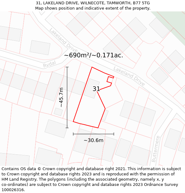 31, LAKELAND DRIVE, WILNECOTE, TAMWORTH, B77 5TG: Plot and title map