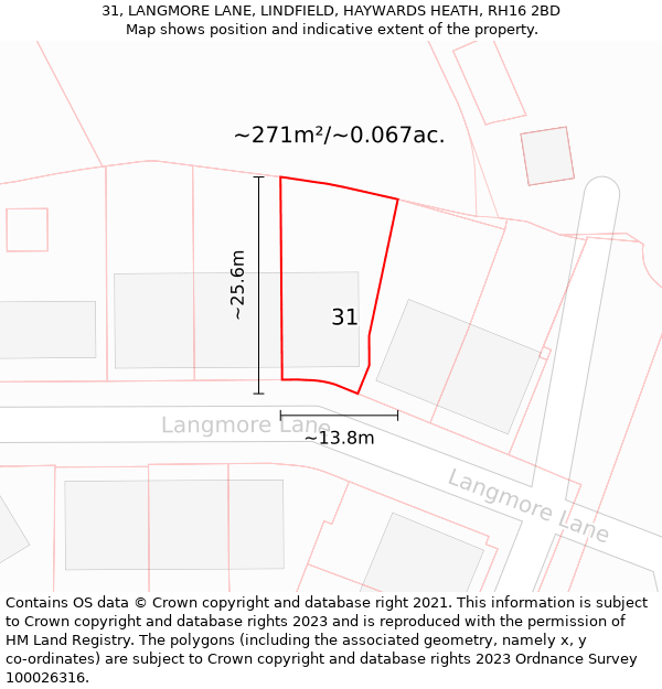 31, LANGMORE LANE, LINDFIELD, HAYWARDS HEATH, RH16 2BD: Plot and title map