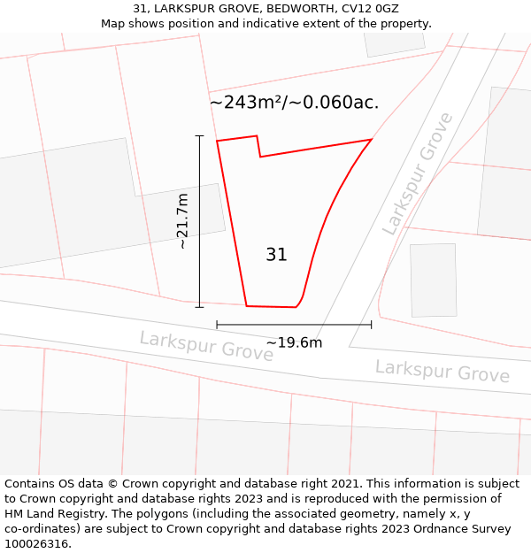 31, LARKSPUR GROVE, BEDWORTH, CV12 0GZ: Plot and title map