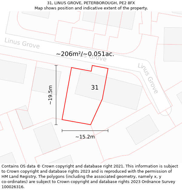 31, LINUS GROVE, PETERBOROUGH, PE2 8FX: Plot and title map