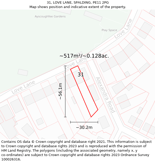 31, LOVE LANE, SPALDING, PE11 2PG: Plot and title map