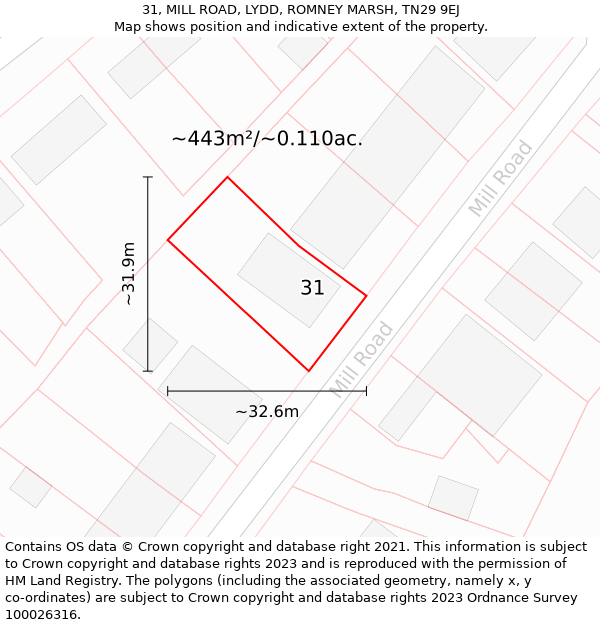 31, MILL ROAD, LYDD, ROMNEY MARSH, TN29 9EJ: Plot and title map