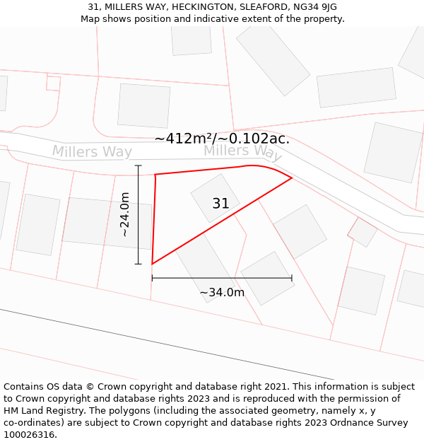 31, MILLERS WAY, HECKINGTON, SLEAFORD, NG34 9JG: Plot and title map