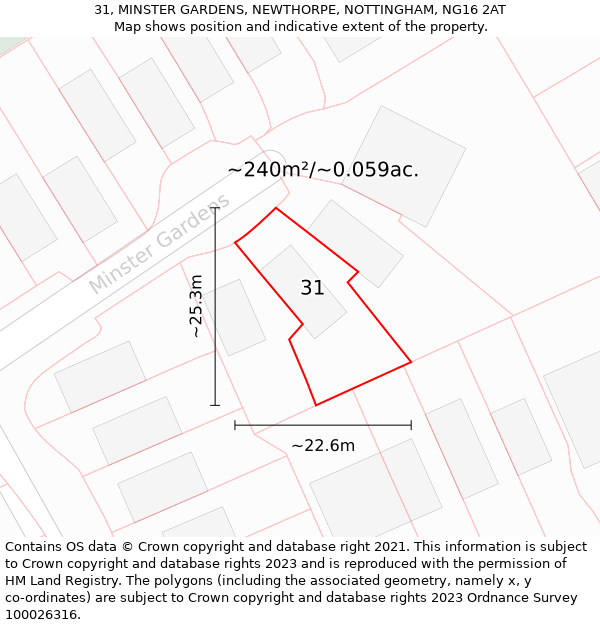 31, MINSTER GARDENS, NEWTHORPE, NOTTINGHAM, NG16 2AT: Plot and title map