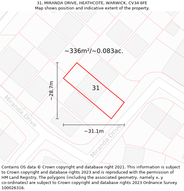 31, MIRANDA DRIVE, HEATHCOTE, WARWICK, CV34 6FE: Plot and title map